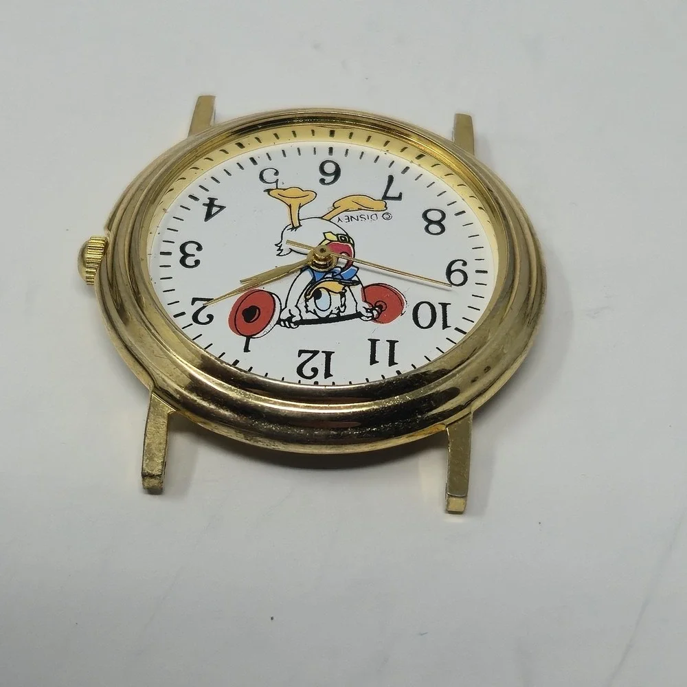 Vintage Disney Donald Duck Weightlifting Watch Head Gold Tone White Dial REPAIR